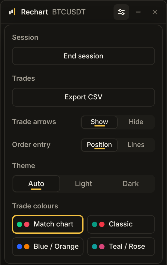 Rechart settings: trade arrows, order entry by position tool or lines, theme and trade colours.
